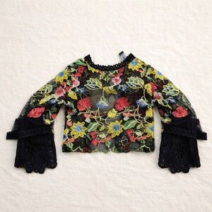 AKIRA Sheer Floral Embroidered Lace Crop Jacket Black Bell Sleeve Boho Top M